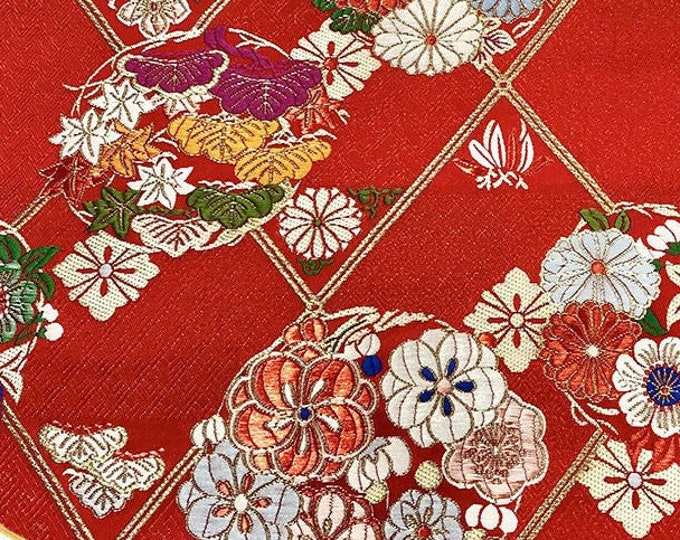 Nishijin Japanese Floral Brocade Fabric: Red Silk Rayon Jacquard