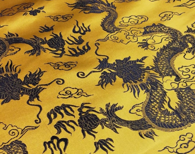 59"W Brocade Fabric, Chinese Bright Gold Jacquard Satin Fabric, Dragon patterns by The Meters, Home Decor, Sewing Fabrics On Sale