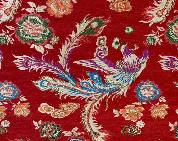 59"W Red Phoenix Dance Wonderland Jacquard Satin Fabric, Silk Brocade Fabrics, Home Decor , Upholstery , Quilting and Sewing fabric on SALE