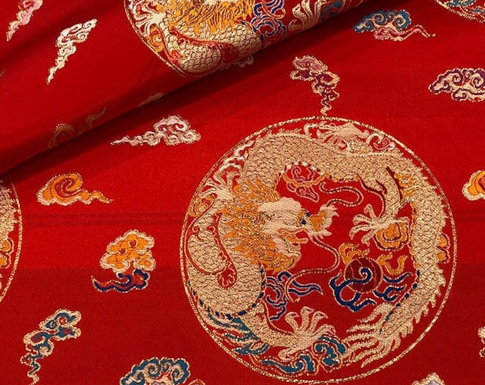 59"W Round Multi-color Chinese Dragon Silk Brocade Fabric, Gold dragon and cloud patterns, Upholstery, Quilting and Sewing fabric