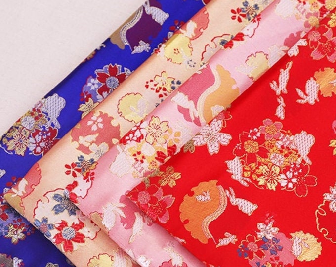 59” Width Japanese Fabric, Japanese Sakura Rabbit Jacquard silk brocade by meter, Red, Pink, Gold, Blue On SALE
