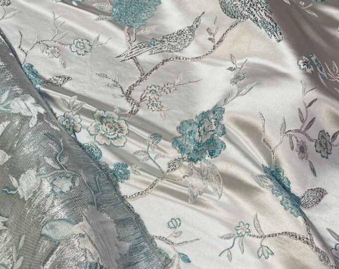 Classical Silver metallic bird jacquard brocade 57" W, cheongsam, Dolls, Kids, Qipao, Sewing, Upholstery, Decor, Costume/Fabric by the meter