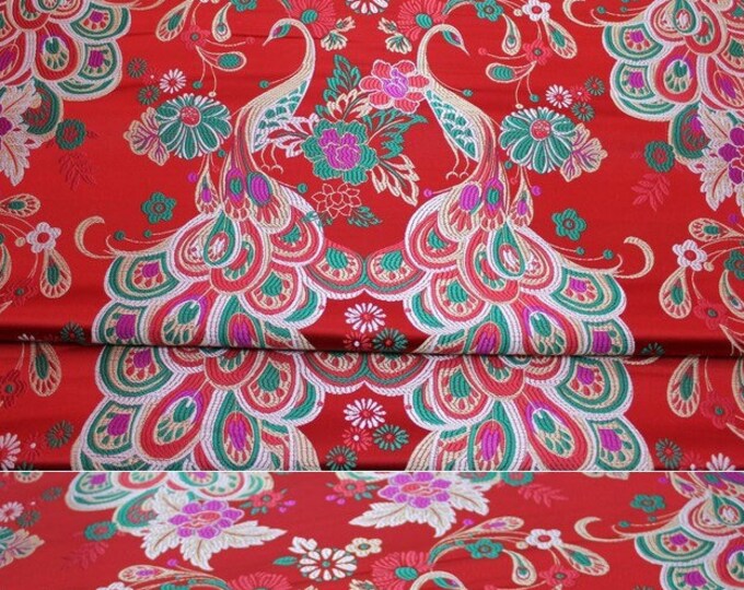 Magnificent double Glorious Peacock Chinese Silk Brocade Fabric by the Meter, Red colors on SALE, Upholstery, Quilting and Sewing fabric