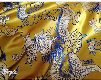 29.5"and 59"W Brocade Fabric, Chinese Bright Gold Jacquard Satin Fabric, Dragon patterns by The Meters, Home Decor Sewing Fabrics On Sale
