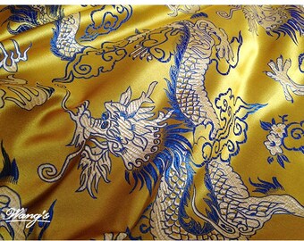 29.5"and 59"W Brocade Fabric, Chinese Bright Gold Jacquard Satin Fabric, Dragon patterns by The Meters, Home Decor Sewing Fabrics On Sale