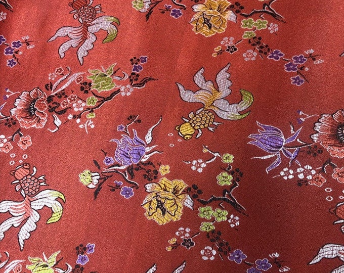 Chinese Brocade Fabric, Goldfish Flower Jacquard nylon brocade by the meter, 35“Width 3 colors On SALE, Upholstery, Quilting, Sewing fabric