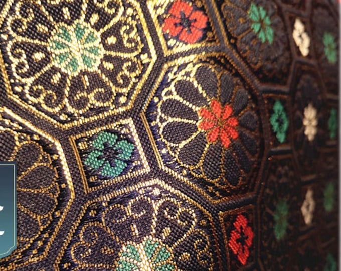 Dark Navy Brocade Fabric: Octagonal Copper Lattice, Silk Rayon Blend