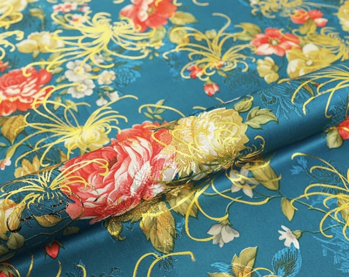 59"W Chinese Silk brocade woven damask fabric 9.99/meter, Upholstery, Quilting and Sewing fabric, Chrysanthemum flower pattern on SALE