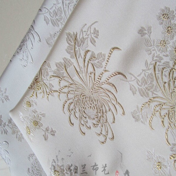 White Chinese Chrysanthemums Silk Brocade Fabric, 29.5"W Cheongsam, Qipao, Upholstery, Home Decor, Pillow case, Sewing and Quilting Fabric