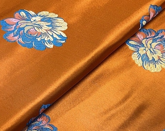 29.5"W Pure natural silk, Orange Silk Brocade, Jacquard mulberry silk Damask fabric, Upholstery, Decor, Costume, Mongolian Sewing Cheongsam