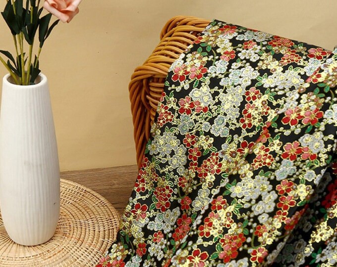 Japanese Fabric, Modern Floral Jacquard silk brocade by meter, 59” Width, Gold thread Woven Damask, Upholstery, Quilting and Sewing fabric