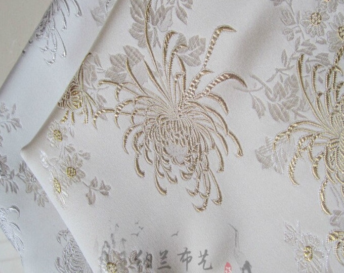 White Chinese Chrysanthemums Silk Brocade Fabric, 29.5"W Cheongsam, Qipao, Upholstery, Home Decor, Pillow case, Sewing and Quilting Fabric