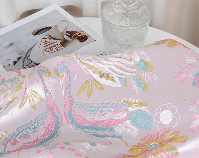 59"W Birds Fabric, Baby Pink Crane Jacquard Satin Brocade Fabric, Upholstery, Decor, Costume, Curtain, Handbag, Sewing/Fabric by the meter