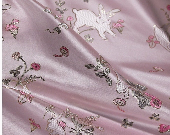 57” W Japanese Silk brocade Fabric, Rabbit Jacquard damask Fabric, Upholstery, Decor, Costume, Curtain, Handbag, Sewing/Fabric by the meter