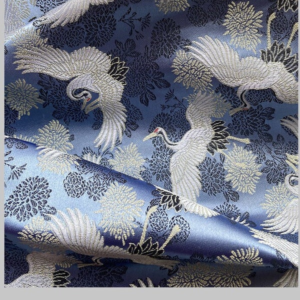 29.5"W Blue Birds Fabric, crane pattern Jacquard Satin Fabric, Brocade Fabrics By The Meters, Handbag Antique Cheongsam Sewing Fabrics