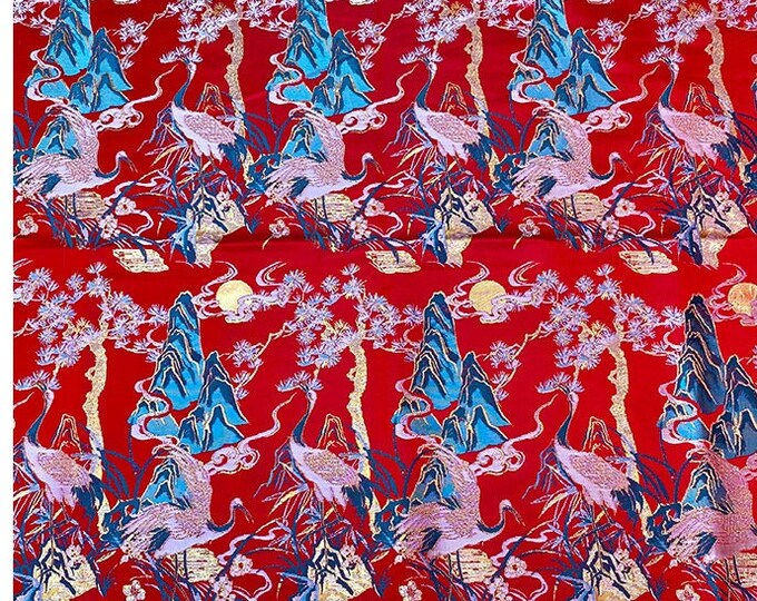 59"W Pink Birds Fabric, crane pattern Jacquard Satin Fabric, Brocade Fabrics By The Meters, Handbag Antique Cheongsam Sewing Fabrics
