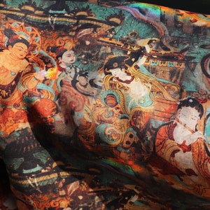Affresco Dunhuang Buddha in stile asiatico cinese, 55"W, tessuto di lino di qualità premium, decorazioni per la casa, tappezzeria, sciarpa, tende e tessuto da cucito