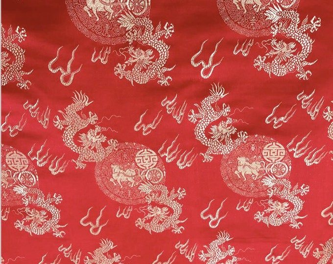 59"W Chinese Dragon & Fire Silk Brocade Fabric On SALE | 11.99/Meter | 2 colors | Upholstery, Quilting and Sewing fabric Clearance