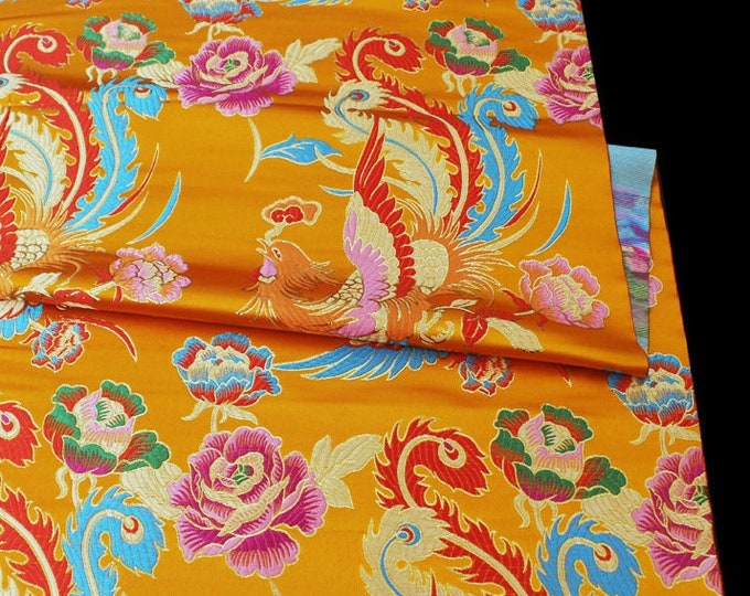 Chinese Emperor Queen and King Wedding Cheongsam Fabric, Embroidery Gold Phoenix pattern, Silk brocade 28"W, Sewing fabric, cheongsam, Qipao
