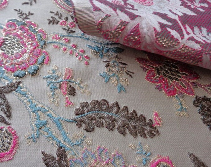PINK Blue Celosia flower gold jacquard fabric, 3D texture, designer fabric, Upholstery, Prom dress and Sewing fabric, 57" W By 1 Meter