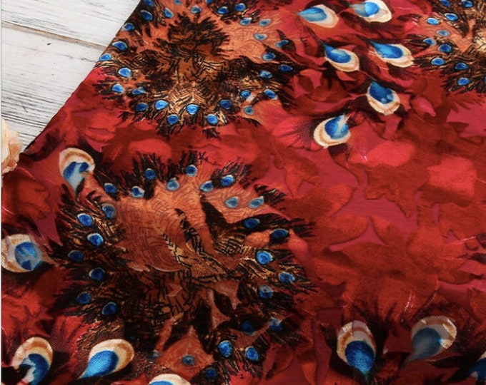 Stretchy Scarlet Velvet Gorgeous Peacock and Dahlia Printed Fabric by Meter, 59"Wide, Dress Curtains Scarf Upholstery, Sewing, 2 patterns