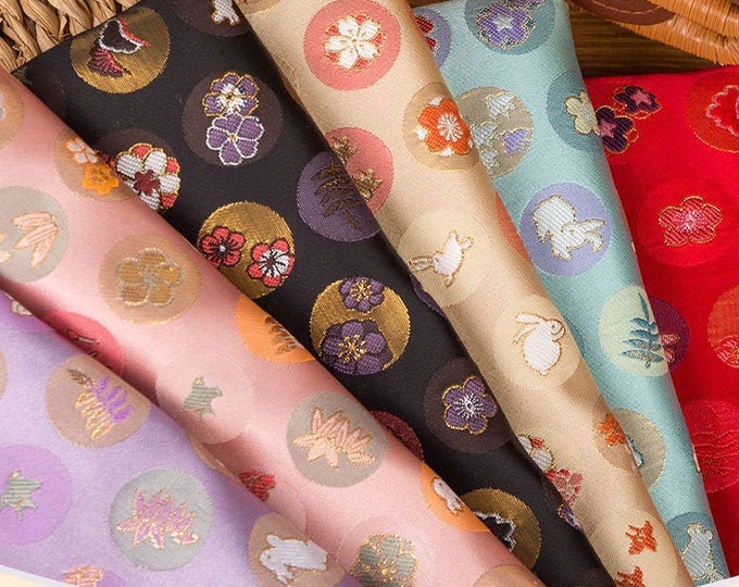 Japanese Nishijin Fabric, Double sides sweet Easter bunny Jacquard silk brocade by the meter, 29.5" and 57“Width 4 colors On SALE