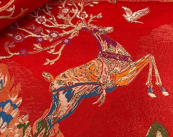 Christmas Reindeer Jacquard Brocade Fabric: Red Damask Sewing Material