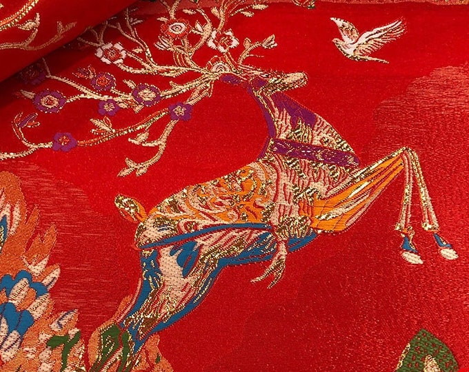 59"W Christams Jacquard Raindeer Damask Brocade Fabric, X'mas New year Sewing Fabric By The Meter, Home Decoration Upholstery Fabric On Sale