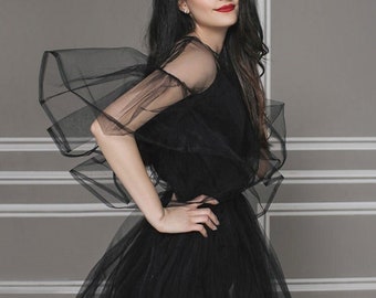 May include: A black tulle dress with a sheer overlay and ruffled sleeves. The dress has a fitted bodice and a flowing skirt.