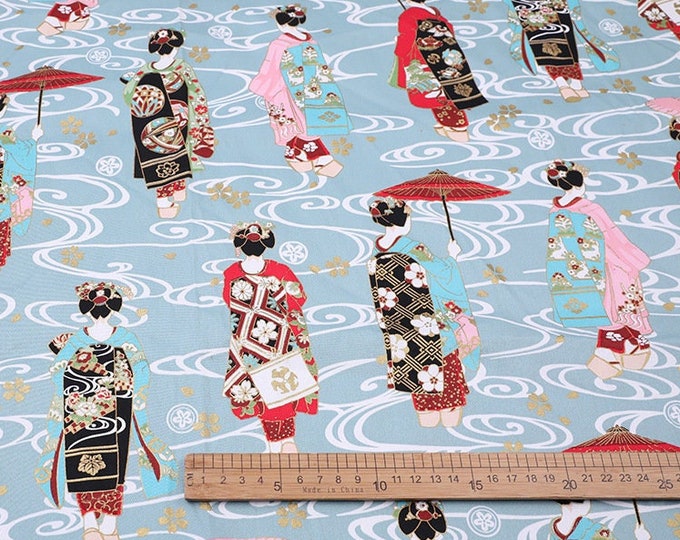 Japanese Printed Fabric, 100% Cotton, Geisha pattern, Sewing Fabric for Dress, Kimono, home decor, Upholstery, Costume, handbag by 1 meter