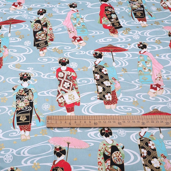 Japanese Printed Fabric, 100% Cotton, Geisha pattern, Sewing Fabric for Dress, Kimono, home decor, Upholstery, Costume, handbag by 1 meter