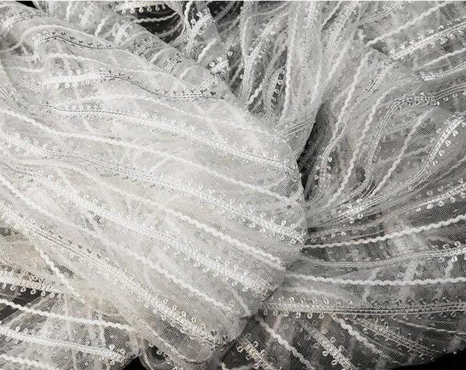 65“W Striped mesh lace embroidered fabric, High Quality, Doll Making, Sewing, Upholstery, Decor, Curtain, Costume, Wedding/Fabric by 1 meter