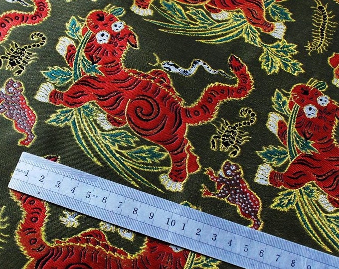 Mongolia Tibetan tiger gold weaving pattern, 58"W, Upholstery, Decor, Costume, Curtain, Handbag, Sewing, Cheongsam, Buddha/Fabric by 1meter
