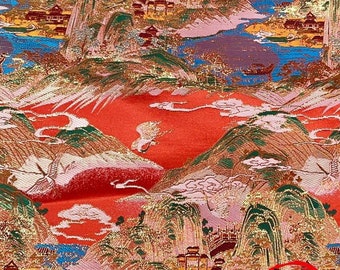 59"W Red and Gold Ancient Chinese Famous paintings pattern Silk Brocade - Upholstery, Decor, Costume, Curtain, bag, Sewing/Fabric by 1 meter