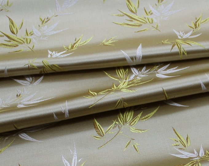 35" and 59"W Light Gold with White and Gold Metallic Bamboo Leaves & Flower Traditional Silk Brocade Fabric On SALE | 6.99/Meter Clearance