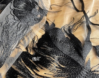 Black 3D Flower Embroidery Lace Fabric - Bridal Wedding Dress, Costume - 57"W