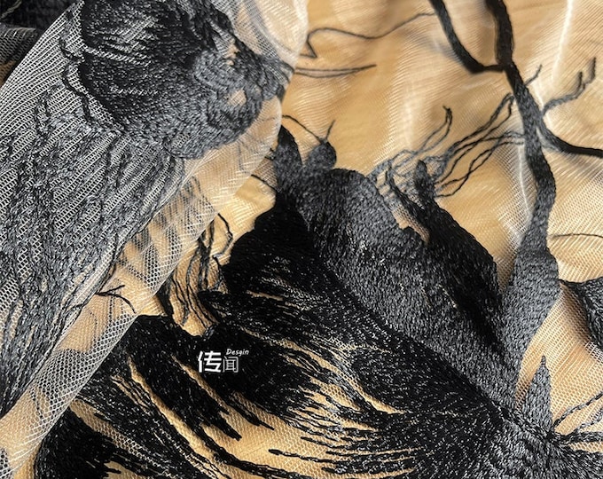 57“W Black 3D Flower Bridal Lace Fabric, Floral Embroidery Lace Fabric for Wedding Dress, Doll Making, Costume, Sewing/Fabric by 1 meter