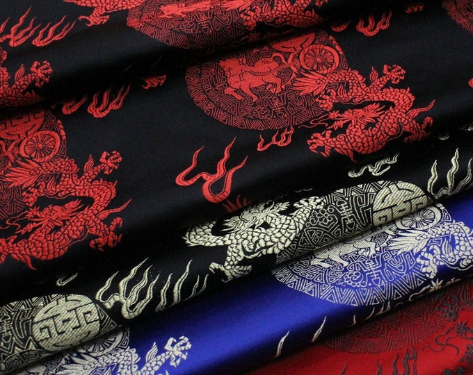 Chinese Dragon & Fire Silk Brocade Fabric On SALE | 9.99/Meter | 29" Wide | 6 colors | Clearance