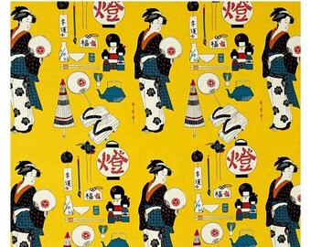 Japanese Printed Fabric, 100% Cotton, Geisha Dance, Sewing, Dress, Kimono, home decor, Upholstery, Costume, bag, DIY/Fabric by one meter
