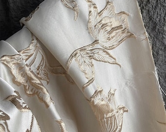 57"W Champagne Magnolia Embroidered Jacquard Fabric, 3D designer fabric, Upholstery, DIY, Decor, Costume, Curtain, Sewing/fabric, By 1 Meter