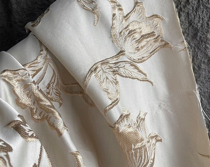 57"W Champagne Magnolia Embroidered Jacquard Fabric, 3D designer fabric, Upholstery, DIY, Decor, Costume, Curtain, Sewing/fabric, By 1 Meter