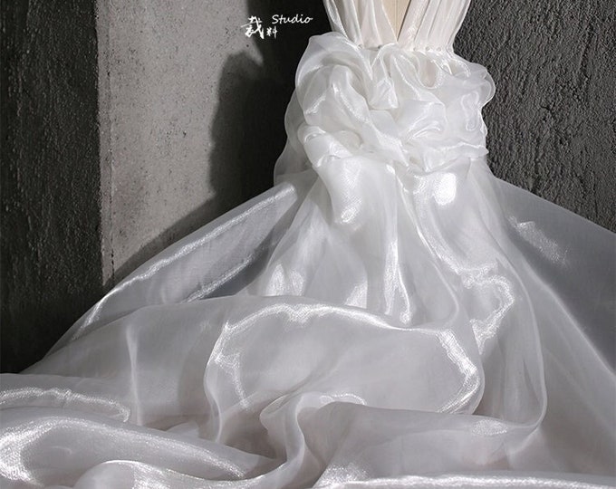 59"W Liquid high-gloss fairy fabric Reflective yarn Transparent mesh designer fabric, organza wedding, hanfu, dress fabric, white, teal, red
