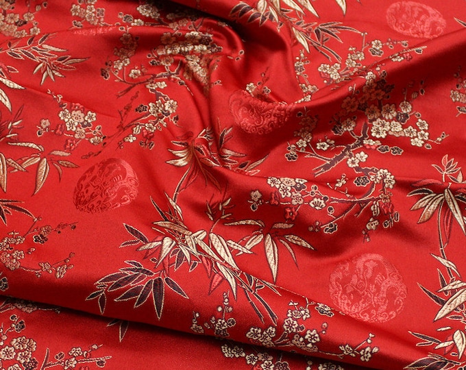 59"W Red and Gold Cherry Blossom and Bamboo Traditional Brocade Jacquard Special Occasion Renaissance Fashion Fabric by the Meter