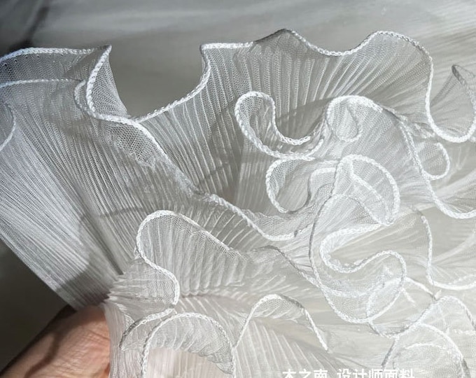 Sheer pleated ruffle, 20"W White 3D folds Ruffle Organza, Designer Fabric, Wedding, Gowns, Events, Decor, Doll, Stiff shape & Texture fabric