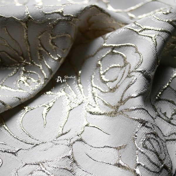 Gold thread jacquard fabric, 3D rose pattern texture, designer fabric, Upholstery, Prom dress and Sewing fabric, 55" W By 1 Meter on SALE