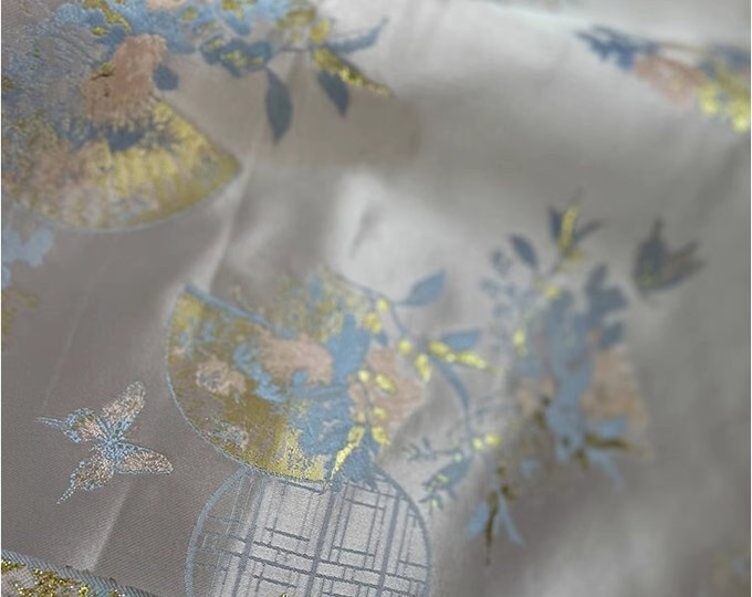 Window grilles Japanese Nishijin Fabric, Japanese Fans butterfly silk brocade by the meter, 57“W, Upholstery, Decor, Costume/by the meter