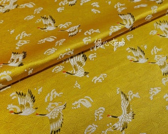 45"W Birds Fabric, crane pattern Jacquard Satin Fabric, Brocade Fabrics By The Meters, Home Decor Fabrics, Bright Gold, Beige Color On Sale