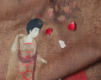 Ancient painting from the Tang Dynasty pure Linen fabric, 55"W, Upholstery, Decor, Costume, Curtain, handbag, Sewing/Fabric by the meter