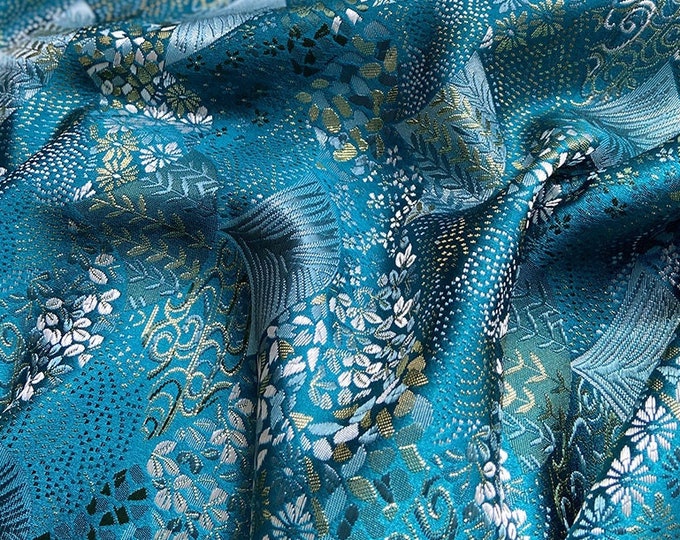 29.5" & 59" W Teal Nishijin Japanese Fans Fabric, Modern Japanese Jacquard silk brocade by the meter, High-end high-precision sewing fabric