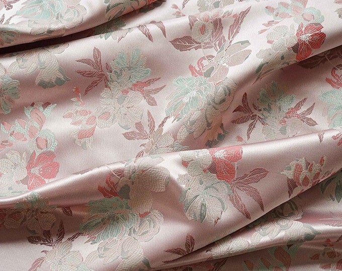 66" Width light pink Hibiscus Brocade Satin Fabric With flowers| Chinese Style Home Decor, Chinese Sewing Brocade for Kids, Dolls, Sewing